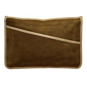 Brown Suede & Leather Zippered Clutch Bag
